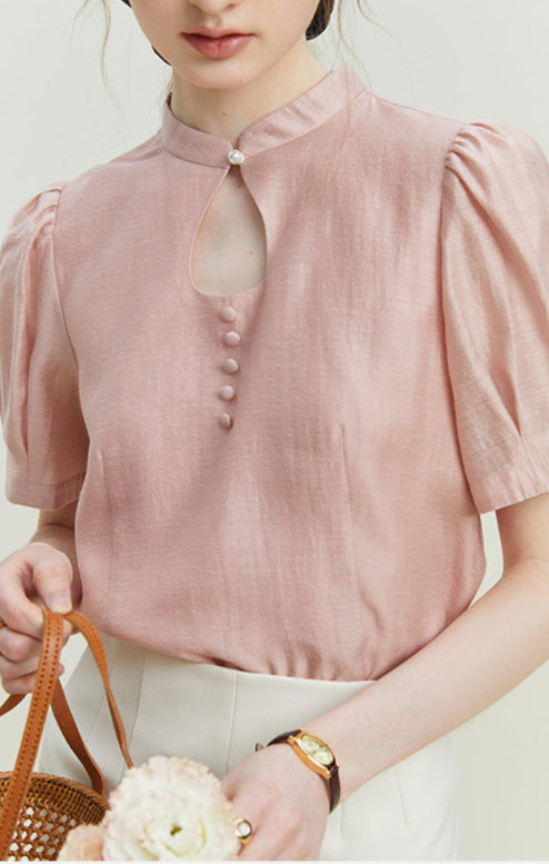 Elegant Ripple Collar Sheer Short Sleeve Blouse
