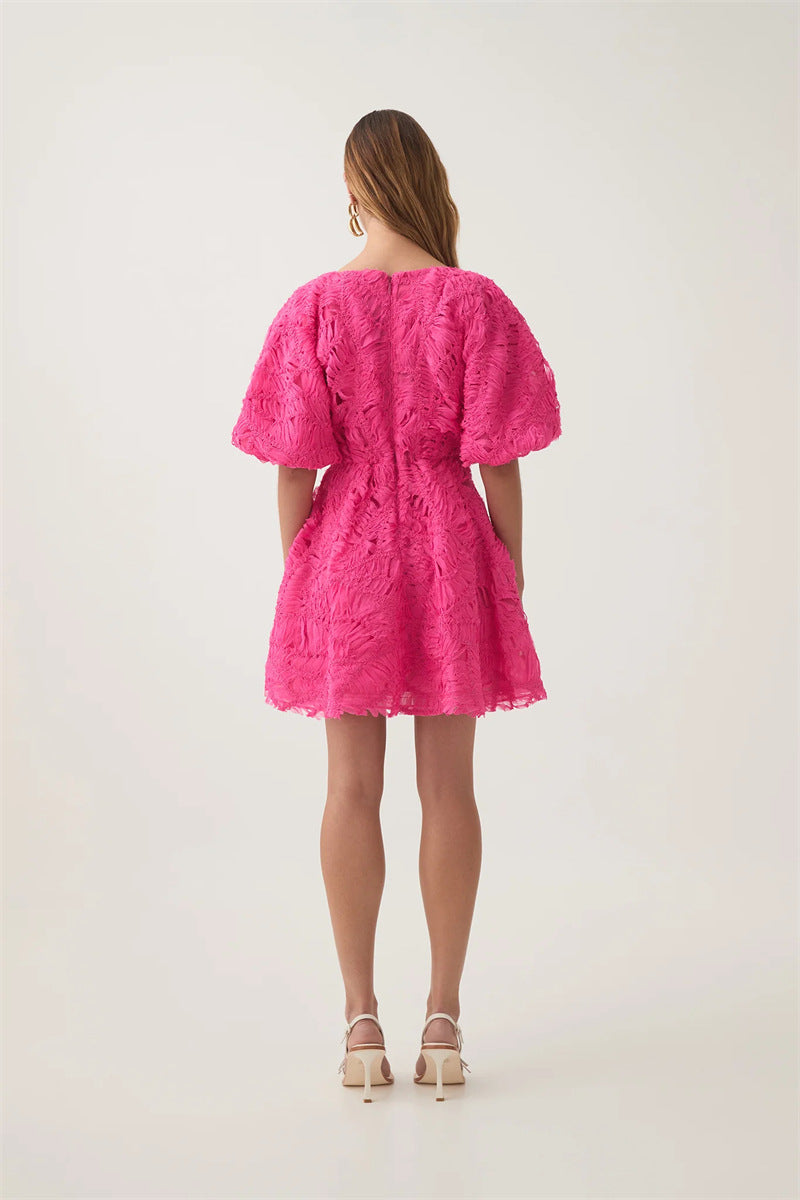 Textured Short Puff Sleeve A-Line Dress