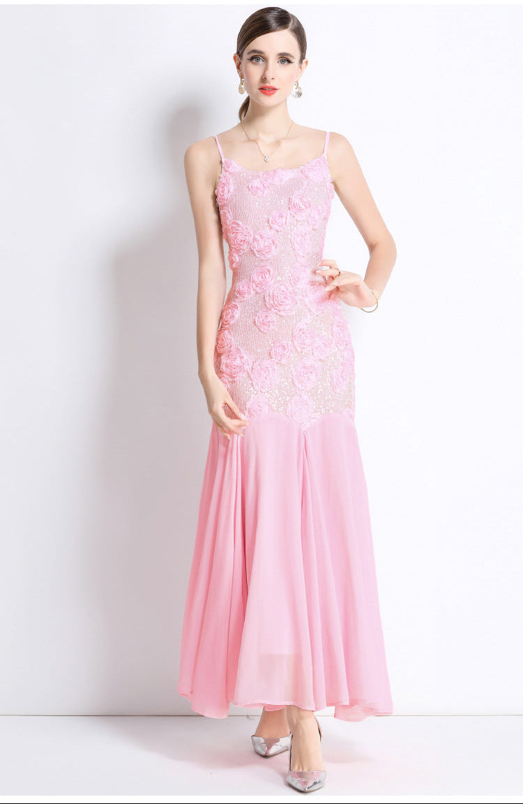 French 3D Floral Strappy High-Waist Mermaid Maxi Dress