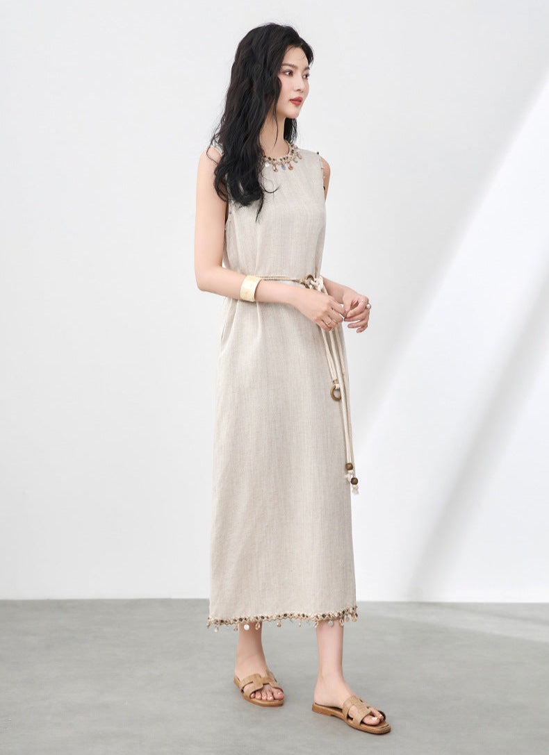 Boho Linen-Tencel Dress with Shell Detail and Removable Buckle Necklace