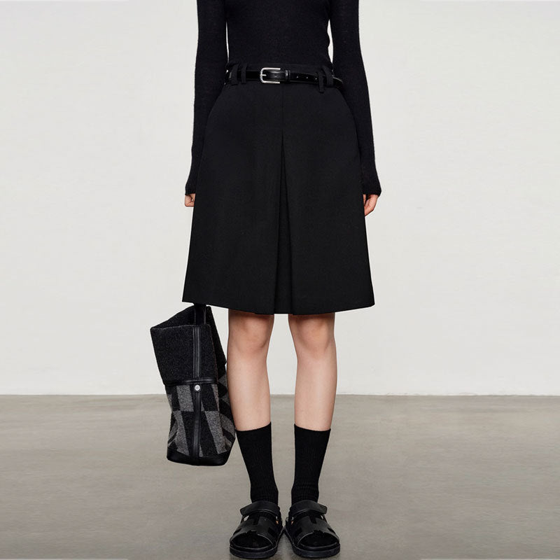 Wool Serge Twill Midi Skirt – High Waist A-Line Office Style