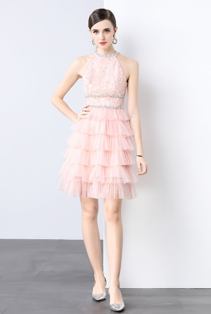 Crystal Chain Halter Neck Layered Tulle Dress
