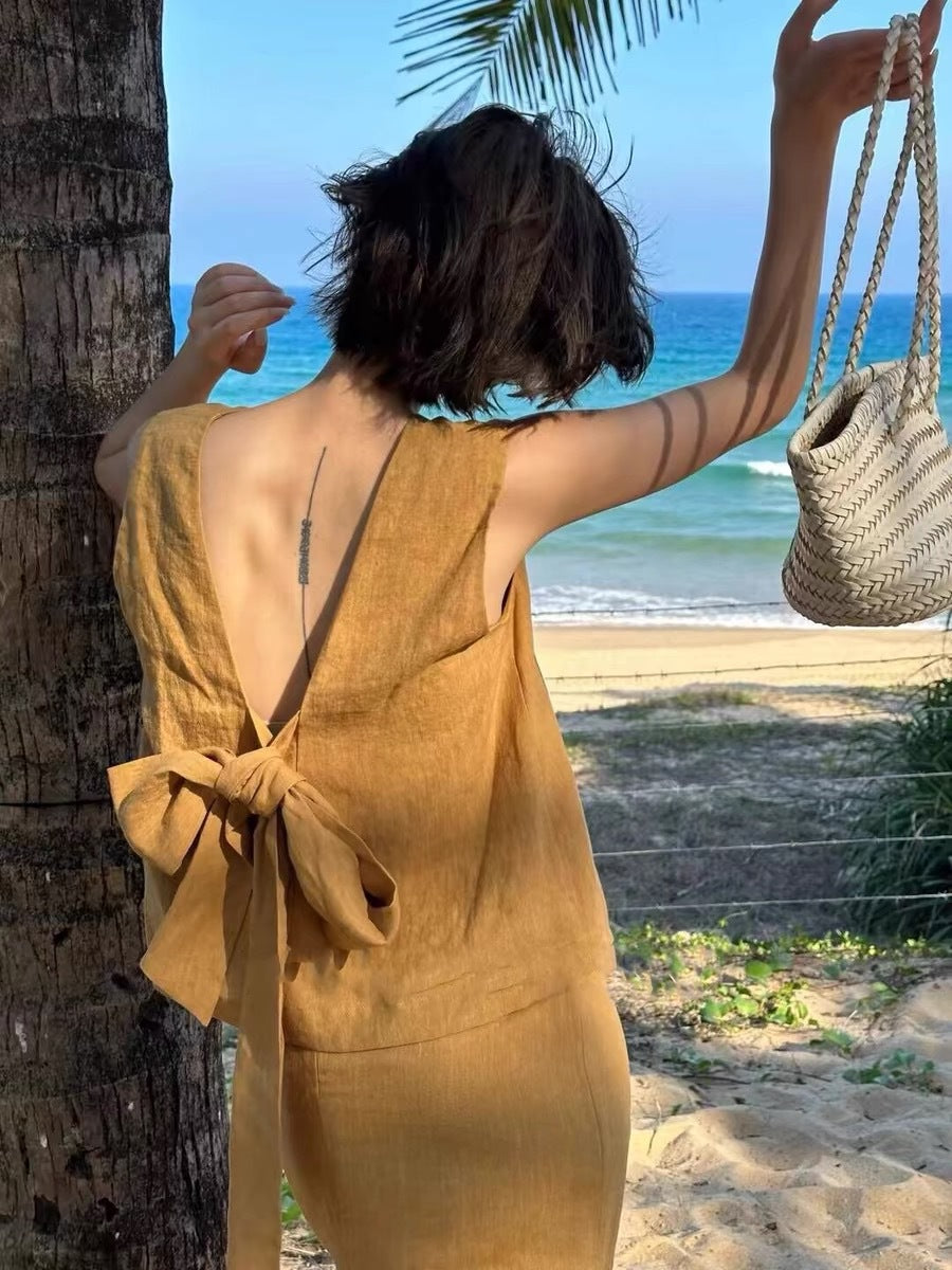 Linen Two-Piece Summer Set with Bow-Tie Back