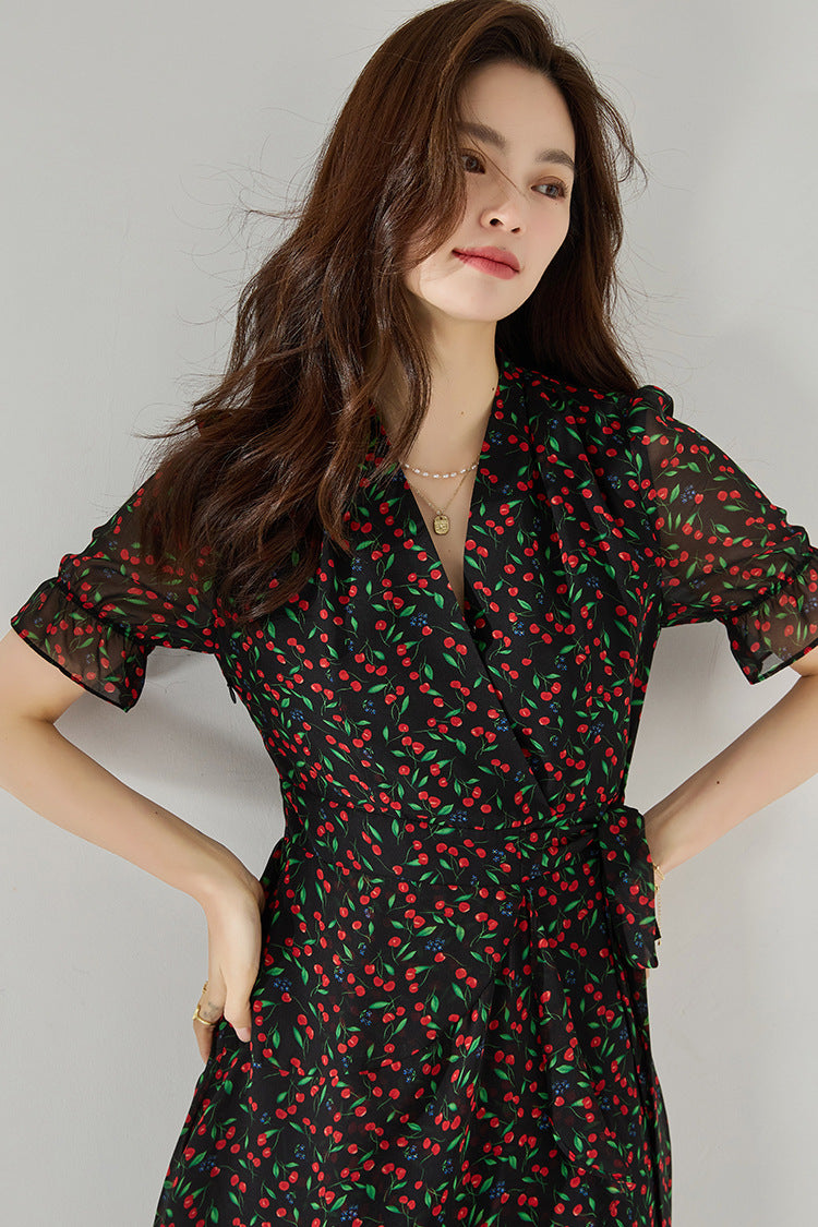 Fruit Print V-Neck Midi Dress