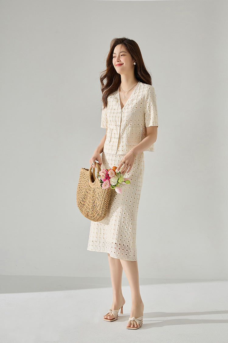 Elegant Geometry Ecru Tencel Top and Midi Top&Skirt