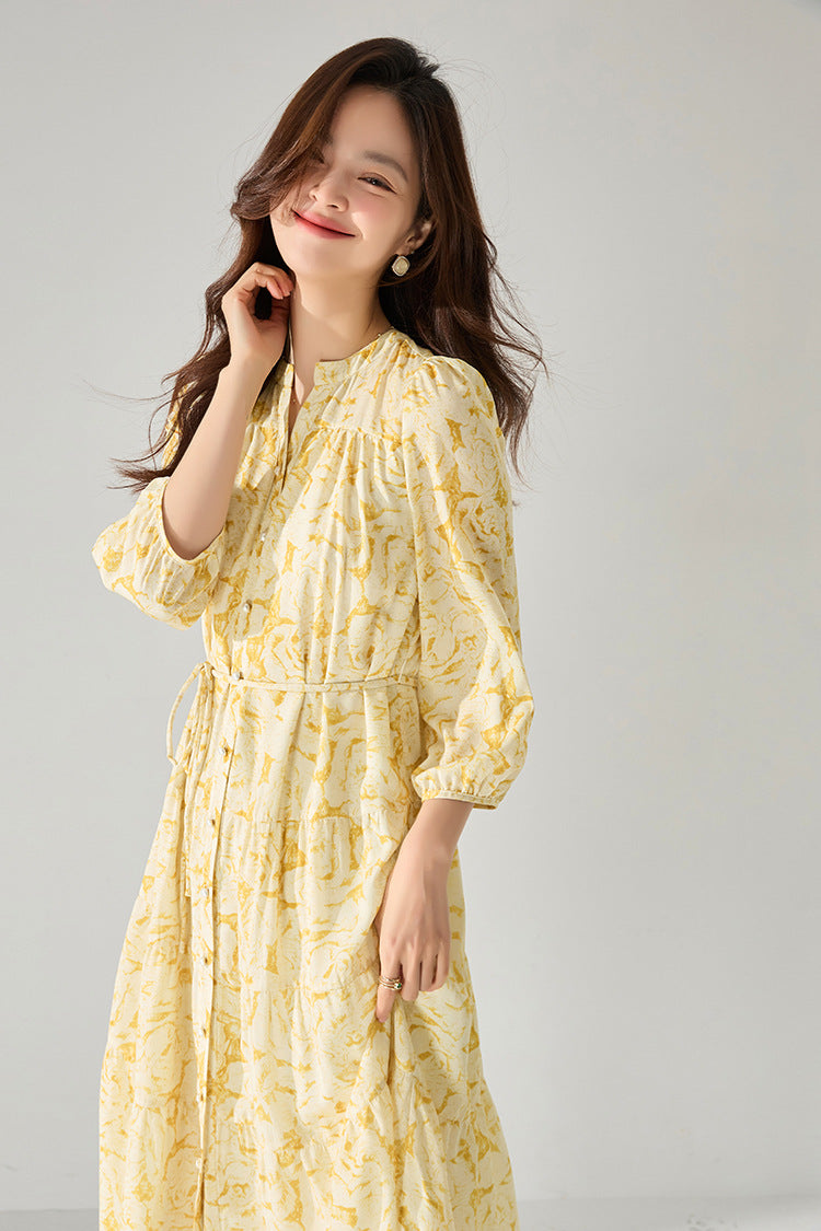 Yellow Floral Chiffon Long Dress