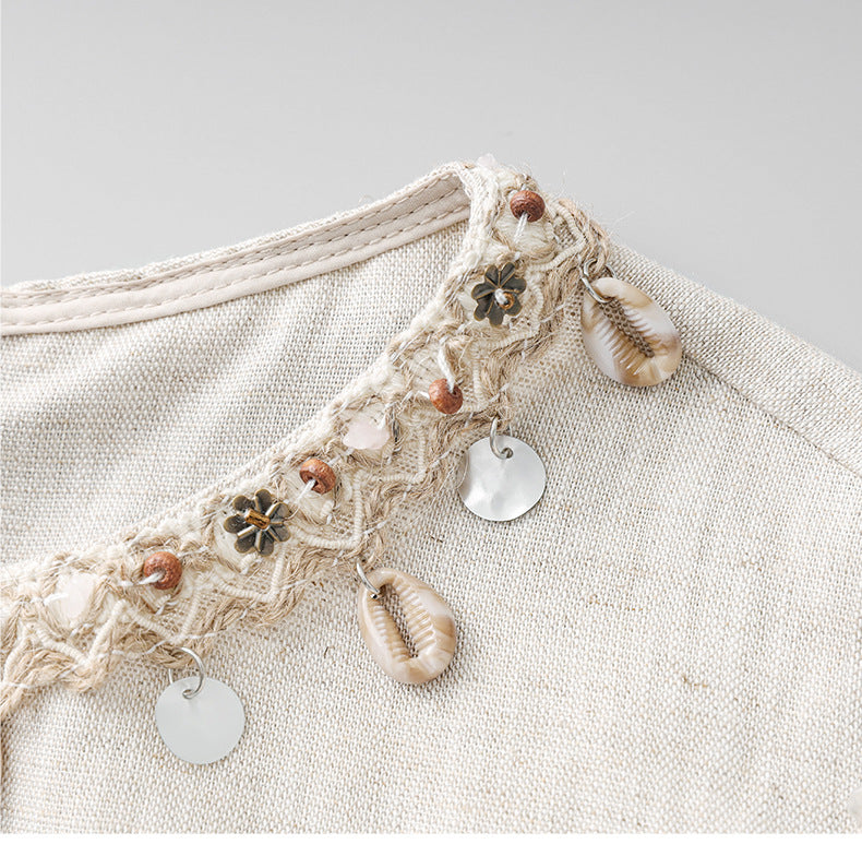 Boho Linen-Tencel Dress with Shell Detail and Removable Buckle Necklace