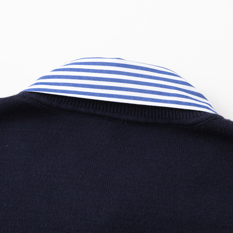 Fake Two-Piece Women's Sweater – Striped Polo Collar Design