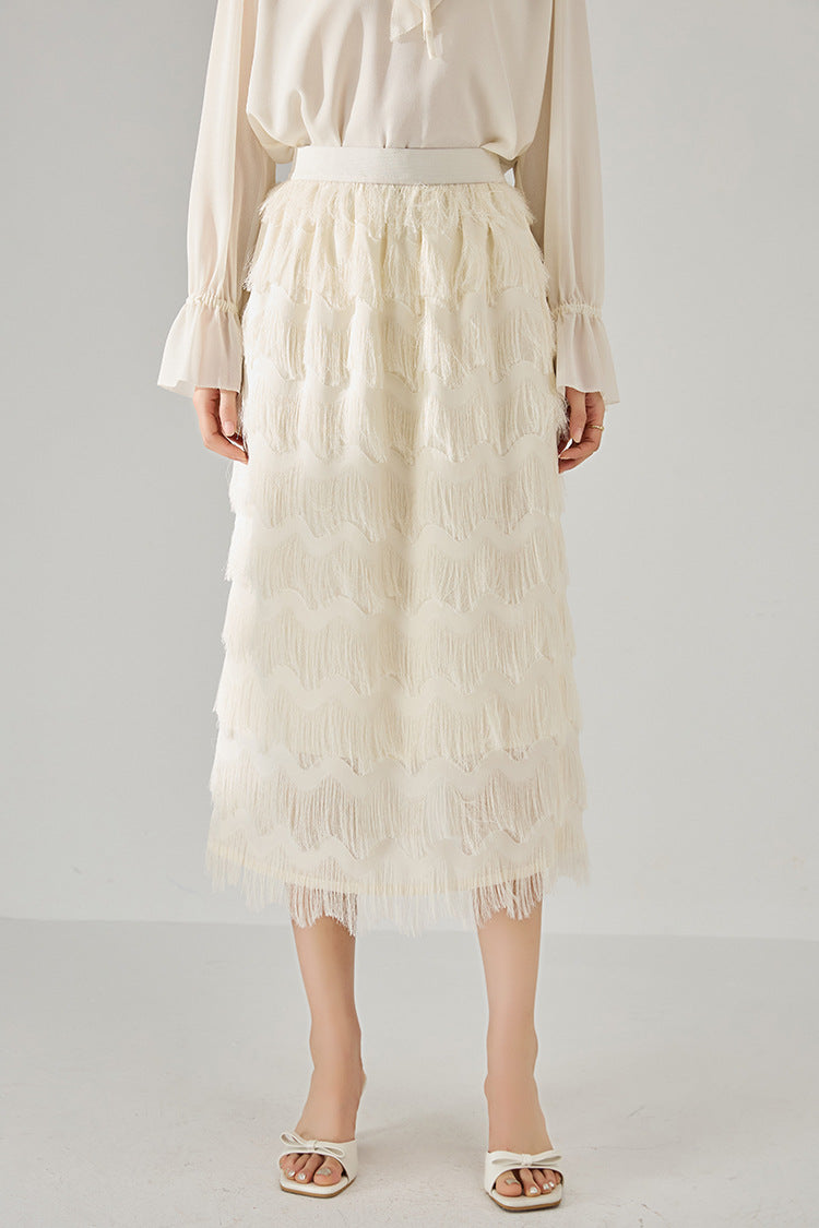Tassel Layered Ecru Midi Skirt