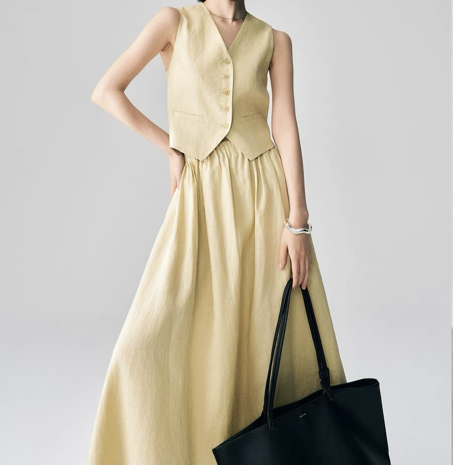 Linen Vest & Midi Skirt Set – Timeless Summer Elegance