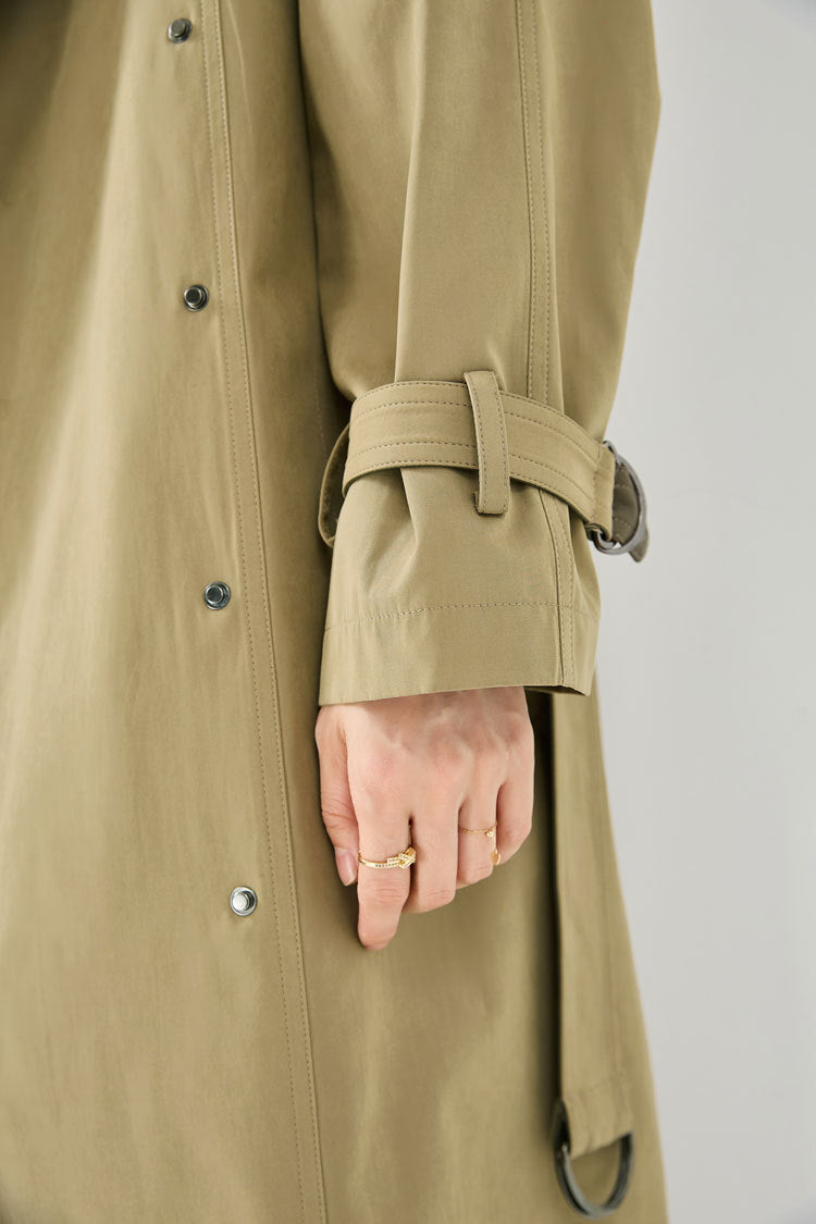 Velvet-Textured Stand Collar Mid-Length Trench Coat
