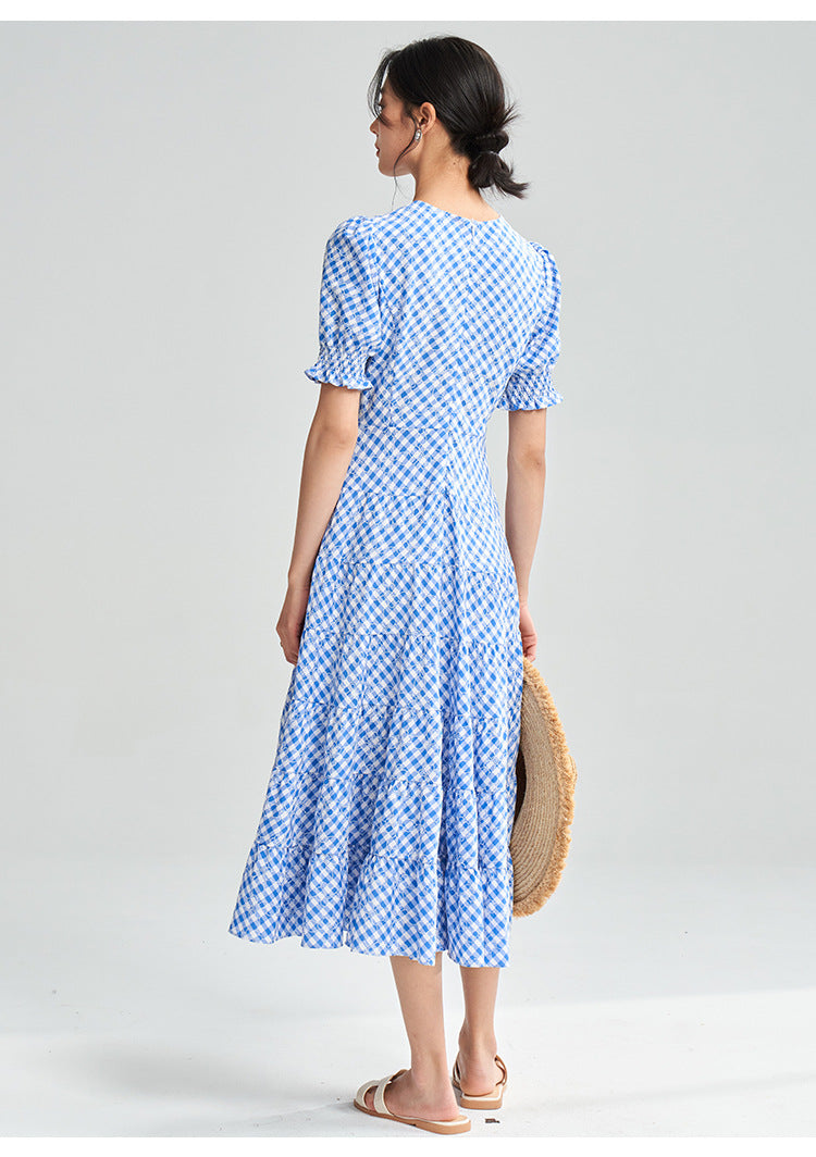 Blue-White Plaid Midi Dress