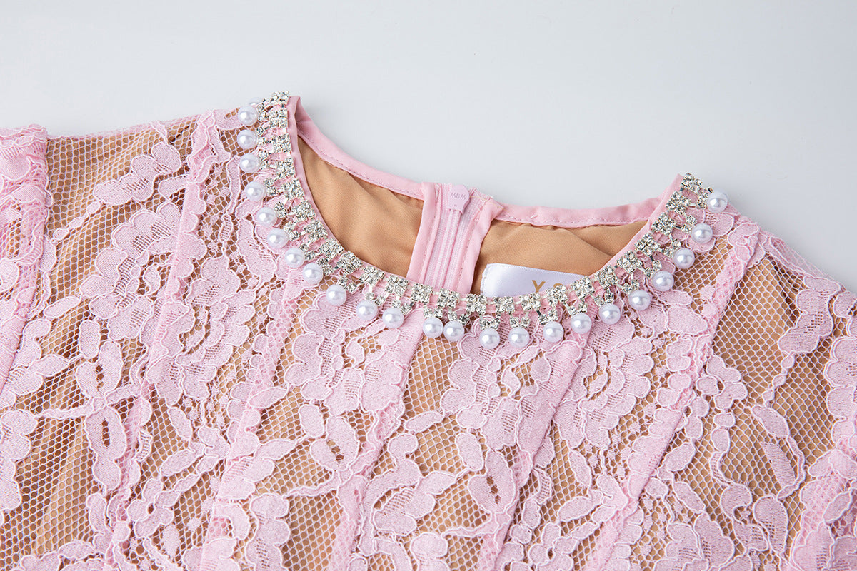 Pearl Embellished Lace Midi Dress