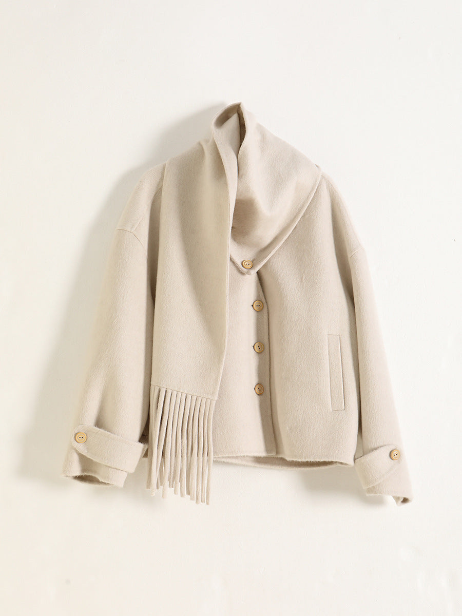 Silk-Blend Camel Wool Short Coat with Detachable Collar