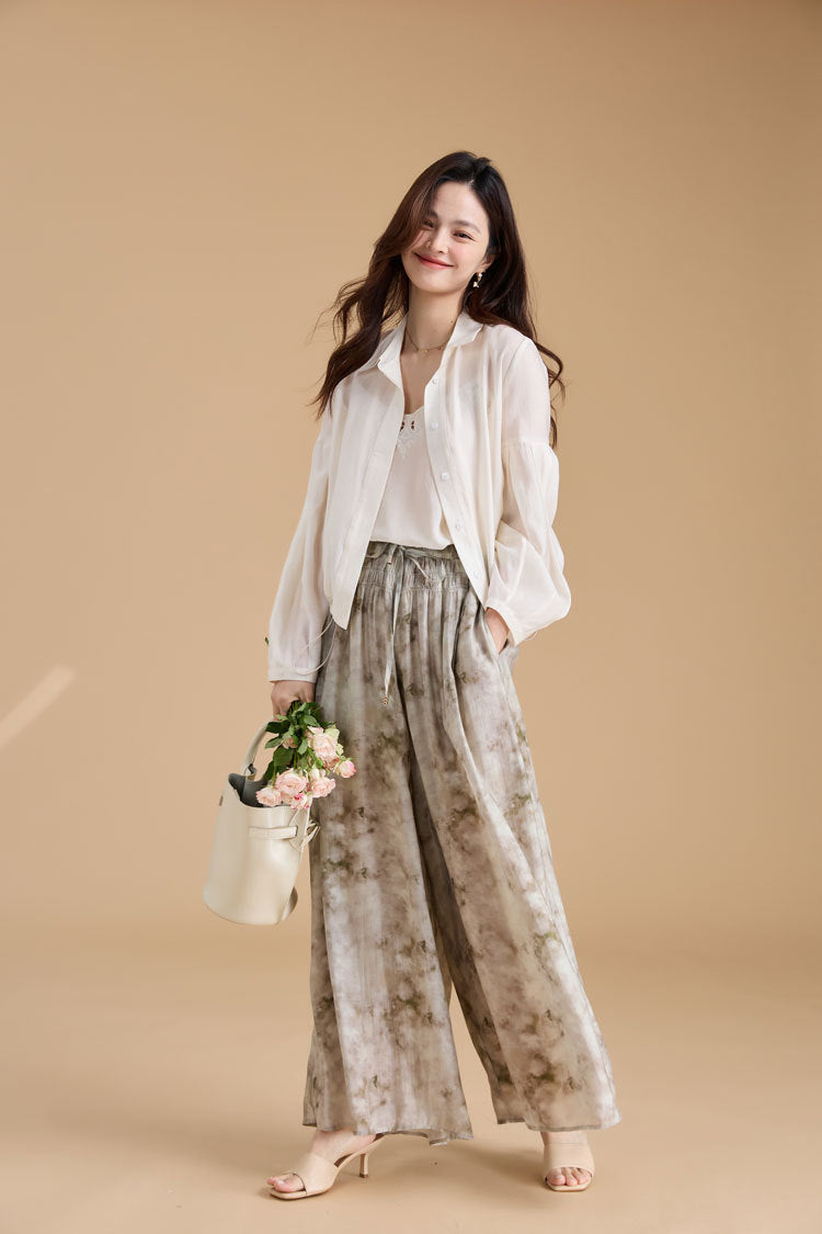 Elegant Ink Print Wide-Leg Tencel Pants