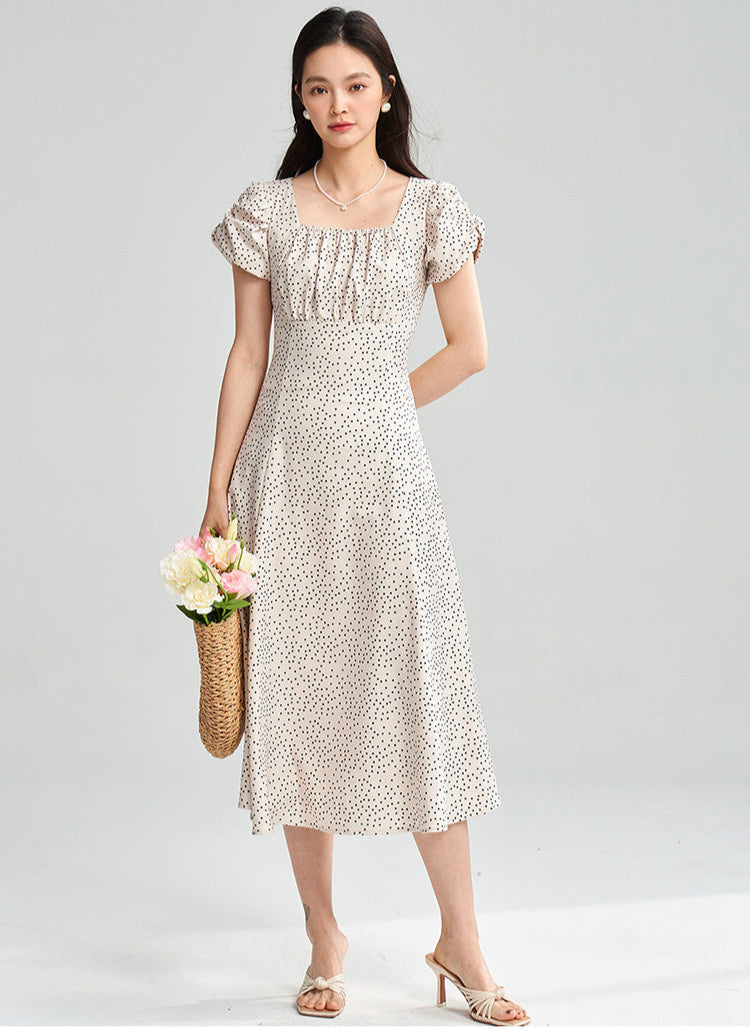 Apricot Polka Dot Puff Sleeve Midi Dress
