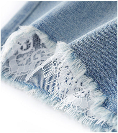 High Waist Wide-Leg Jeans with Lace Hem