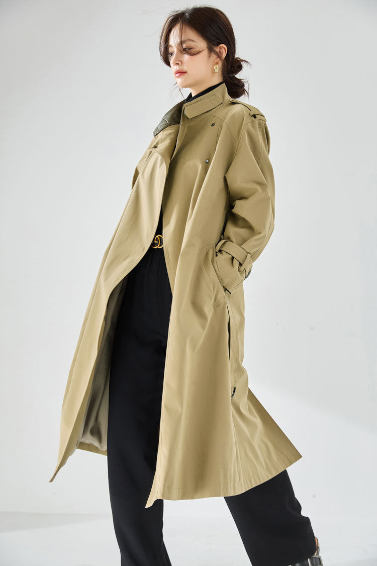 Velvet-Textured Stand Collar Mid-Length Trench Coat