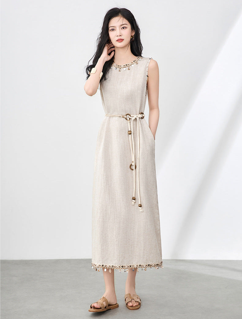 Boho Linen-Tencel Dress with Shell Detail and Removable Buckle Necklace