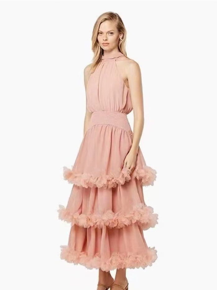 3D Floral High-Neck Evening Gown – Elegant Pink