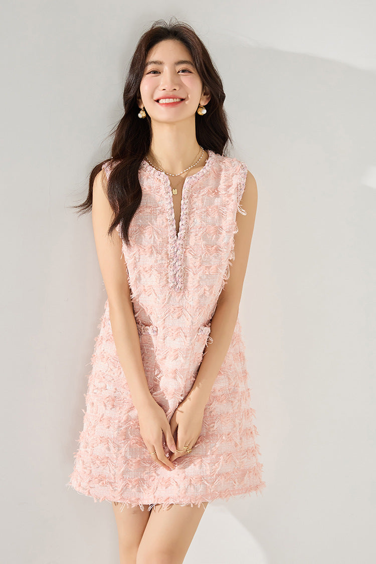Pink Sleeveless Fringe Mini Dress – French-Inspired Spring Charm