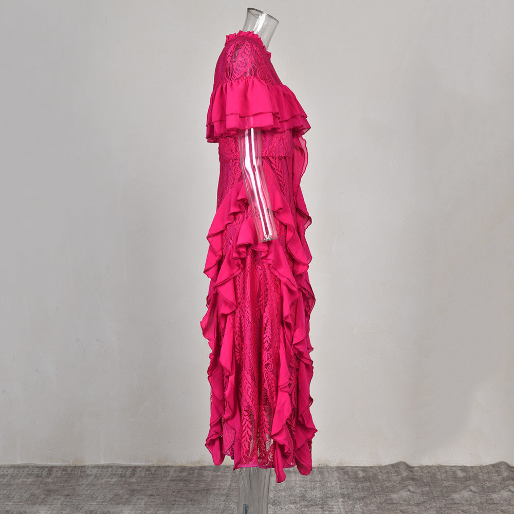 Frilled Short Sleeve Lace-Trim Lotus Dress