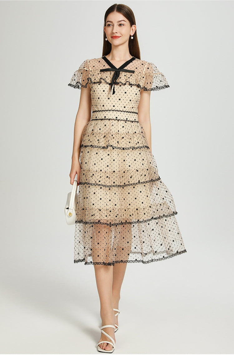 Retro Polka Dot Tiered Tulle Dress – Apricot Elegance