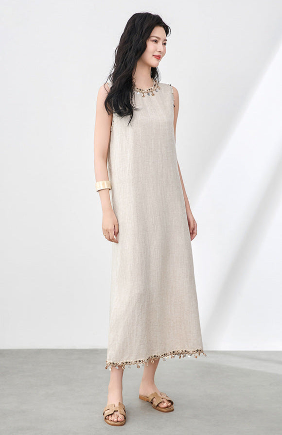 Boho Linen-Tencel Dress with Shell Detail and Removable Buckle Necklace