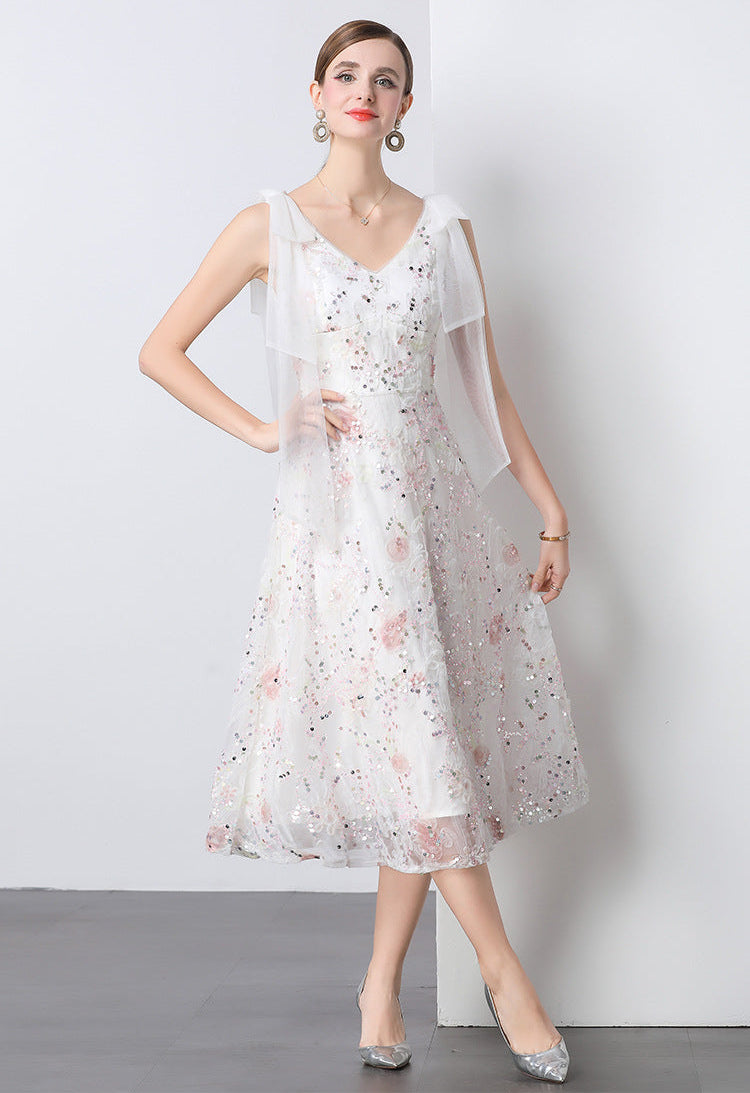Crystal Sequin Embroidered V-Neck Midi Dress