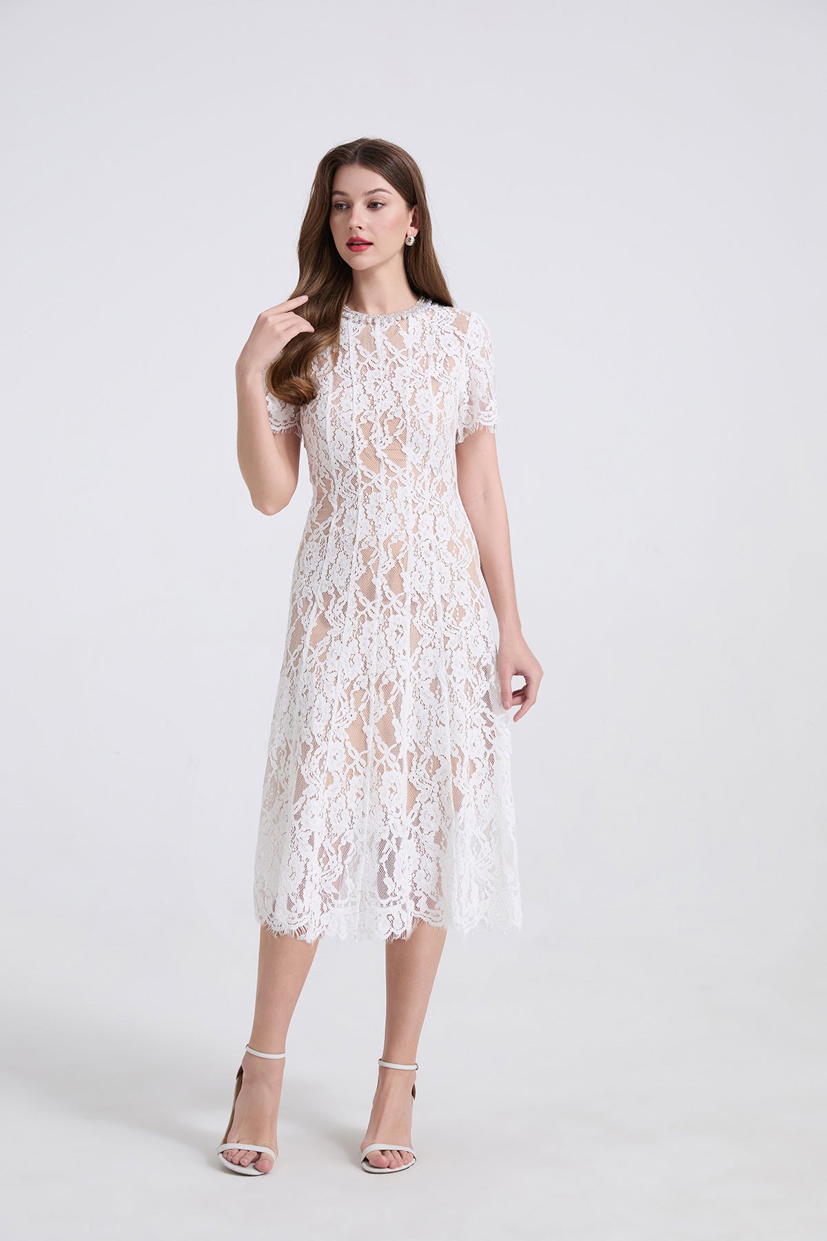 Pearl Embellished Lace Midi Dress