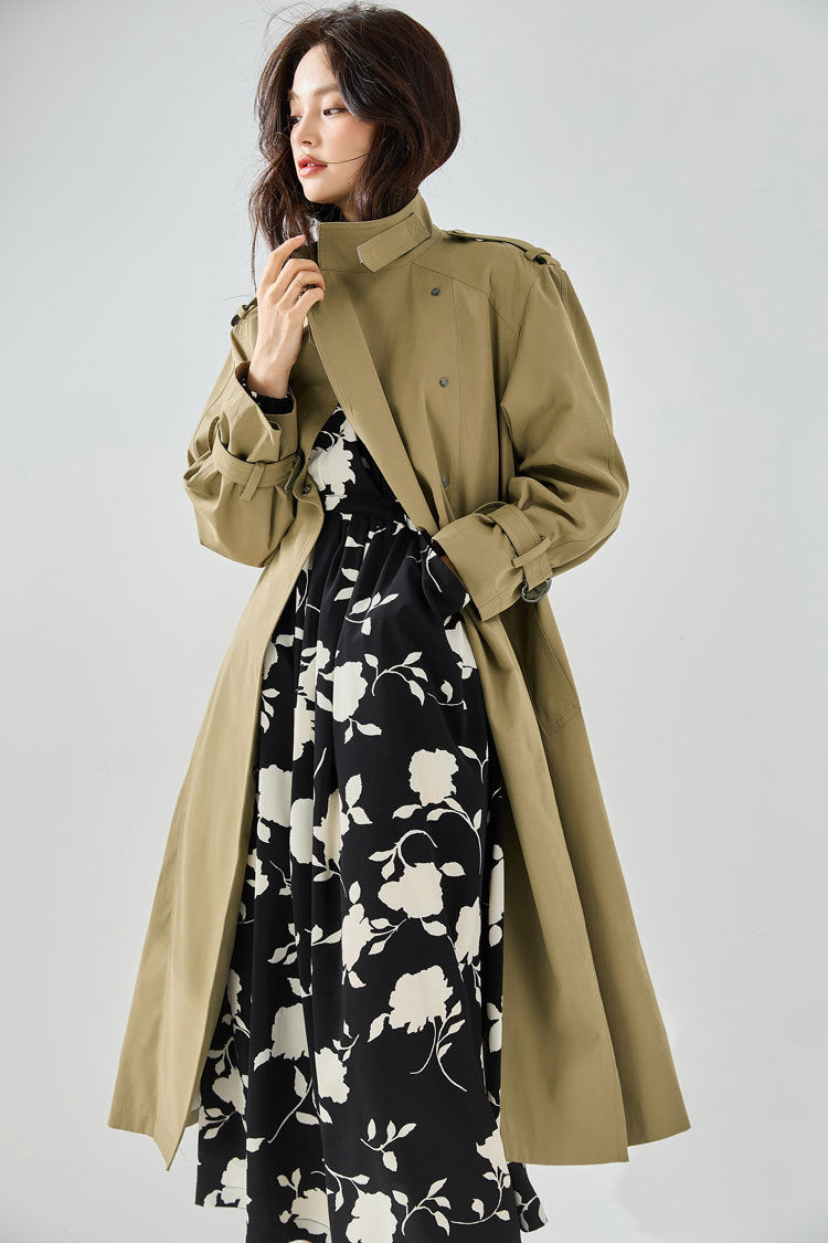 Velvet-Textured Stand Collar Mid-Length Trench Coat