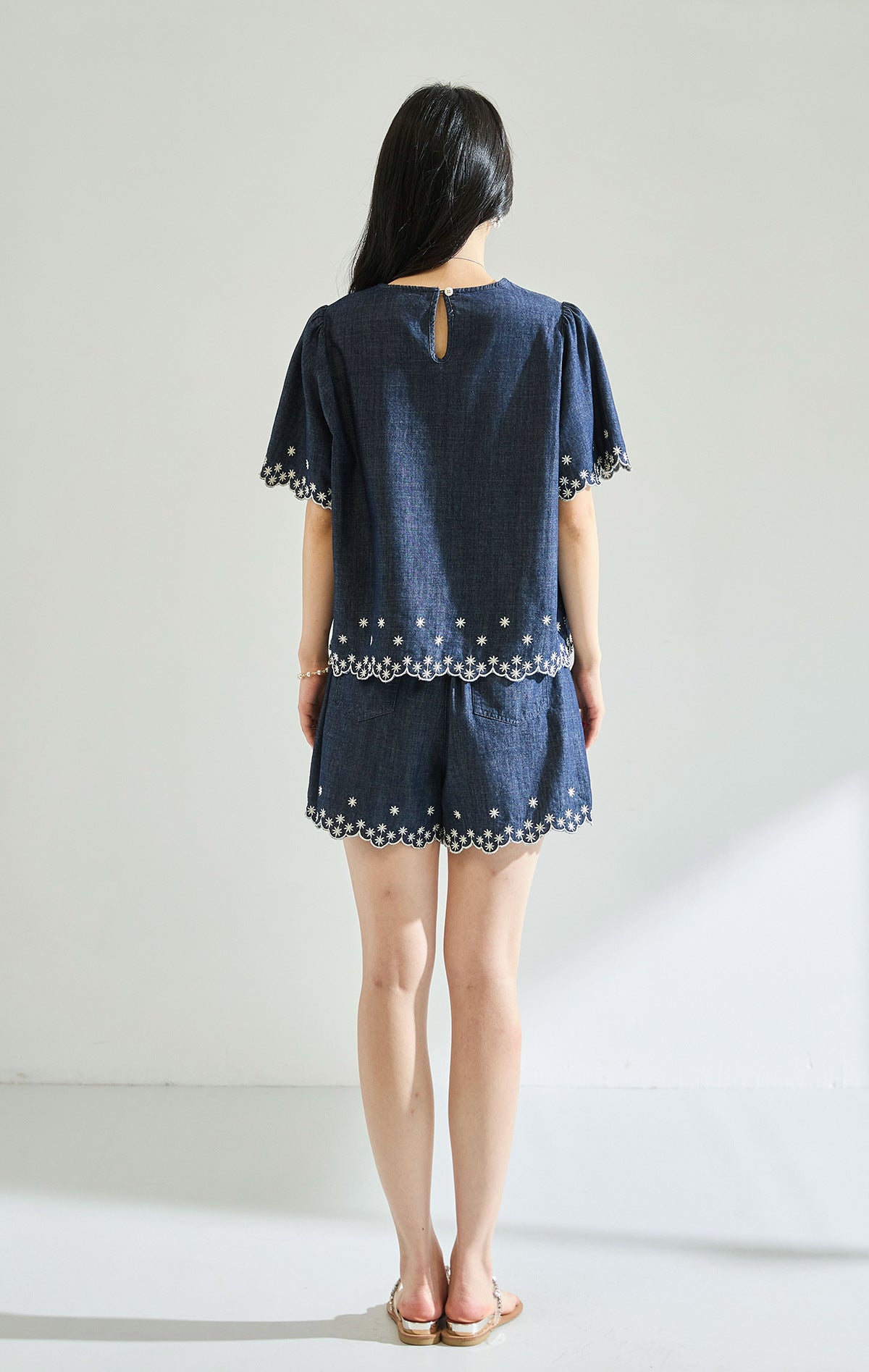 Embroidered Denim Two-Piece Set with High-Waisted Shorts