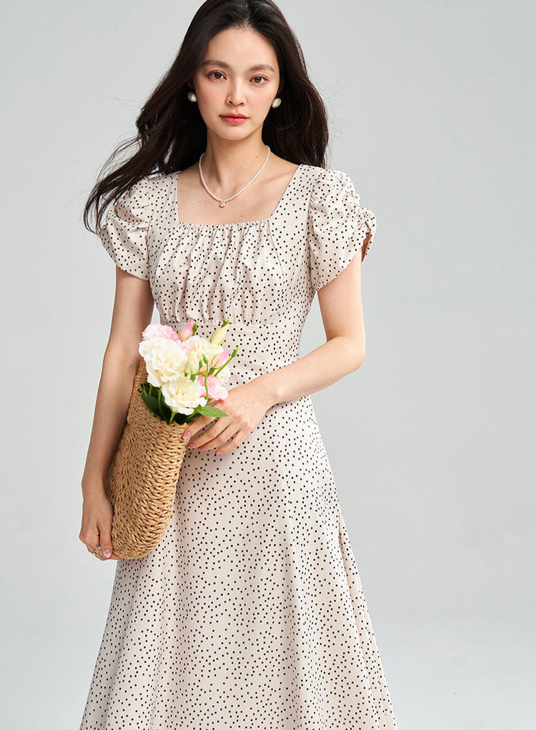 Apricot Polka Dot Puff Sleeve Midi Dress
