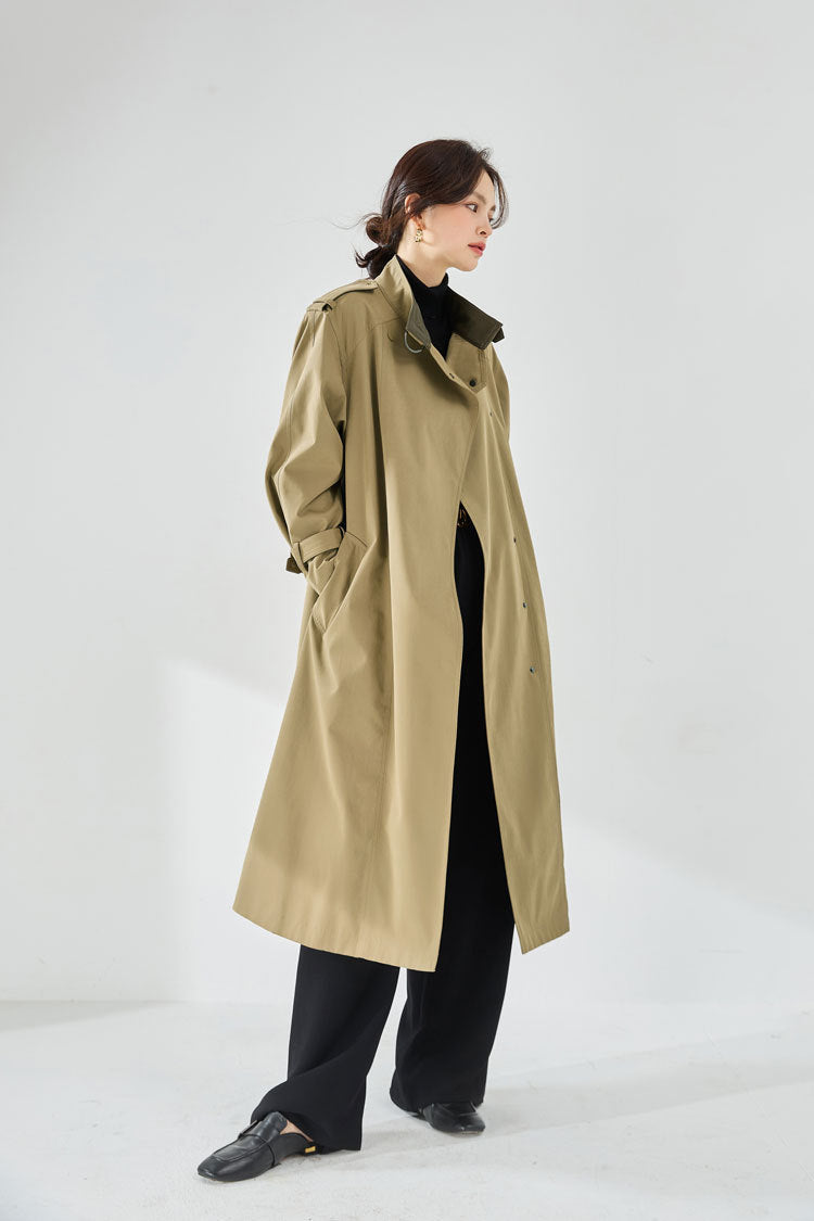 Velvet-Textured Stand Collar Mid-Length Trench Coat