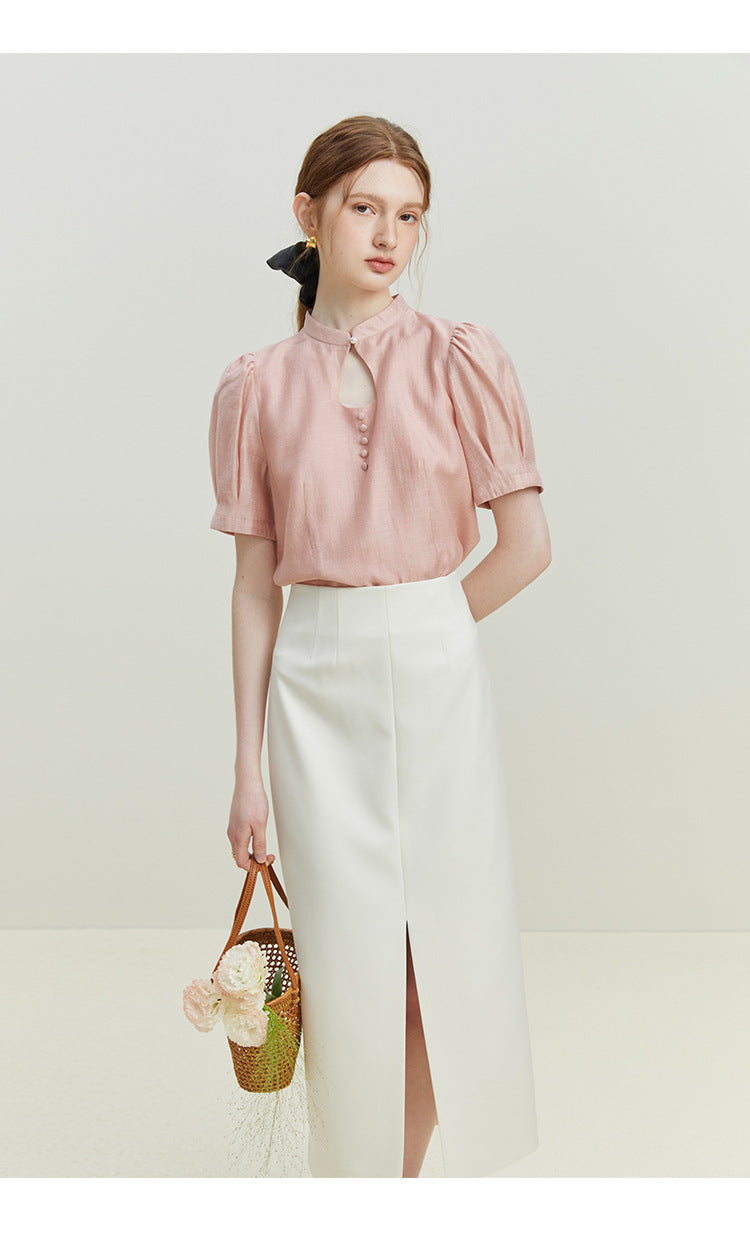 Elegant Ripple Collar Sheer Short Sleeve Blouse