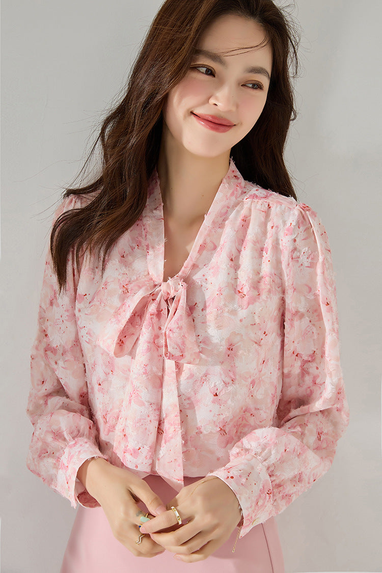 Pink Floral Chiffon Blouse with Bow