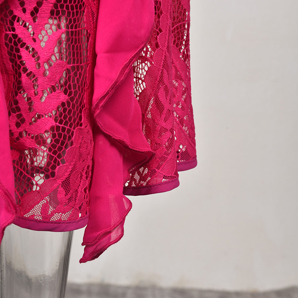 Frilled Short Sleeve Lace-Trim Lotus Dress
