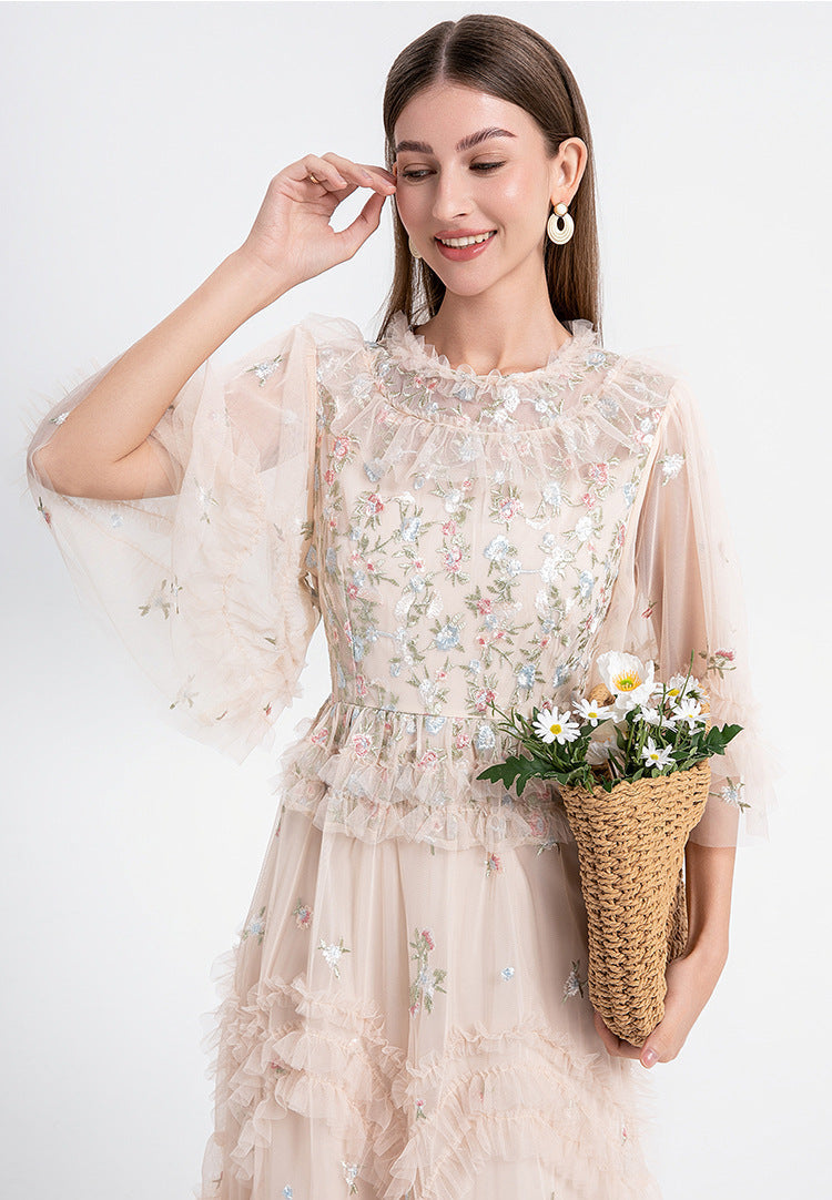 Ruffled Long Dress with Sheer Tulle Hem