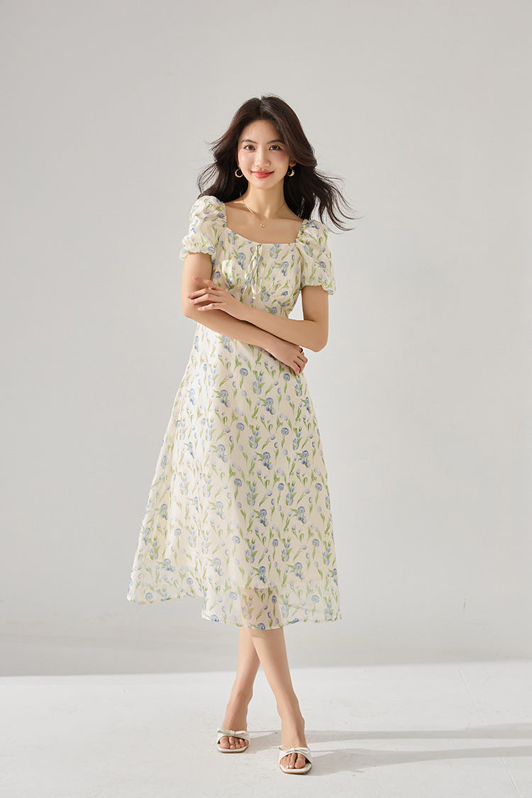 Fitted Waist Polka Dot Puff Sleeve Summer Dress
