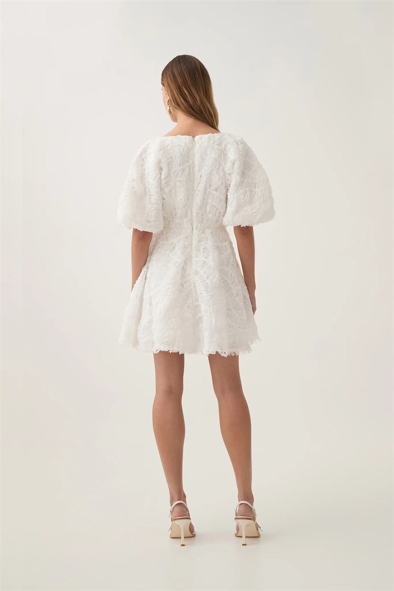 Textured Short Puff Sleeve A-Line Dress