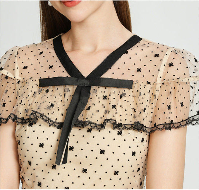 Retro Polka Dot Tiered Tulle Dress – Apricot Elegance