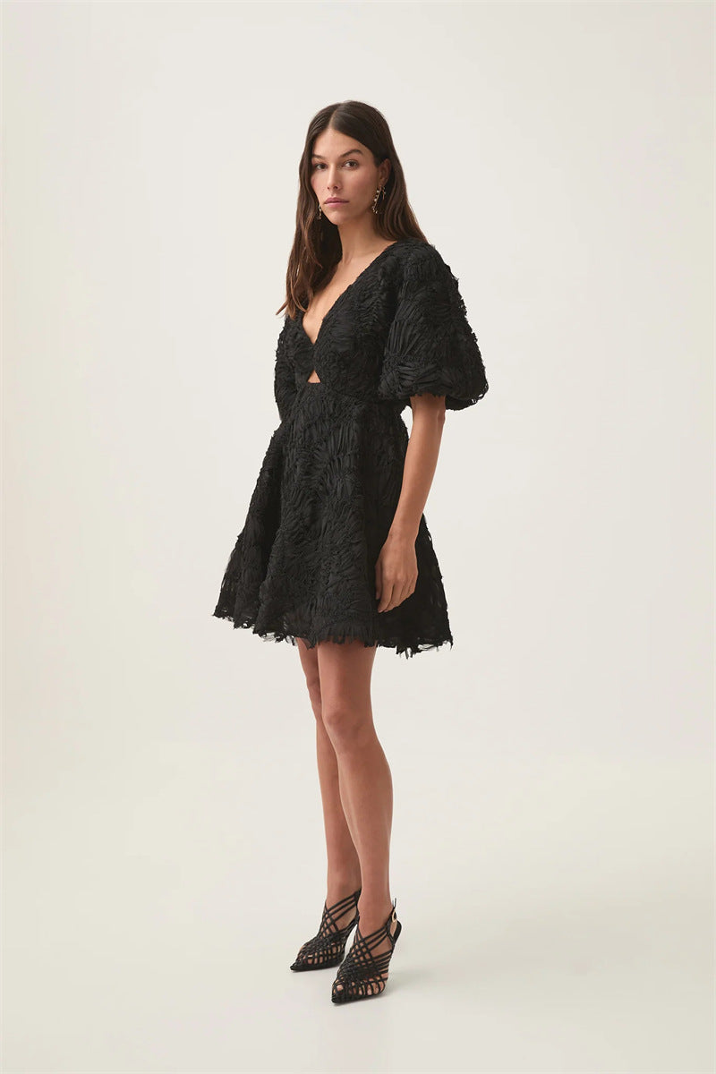 Textured Short Puff Sleeve A-Line Dress