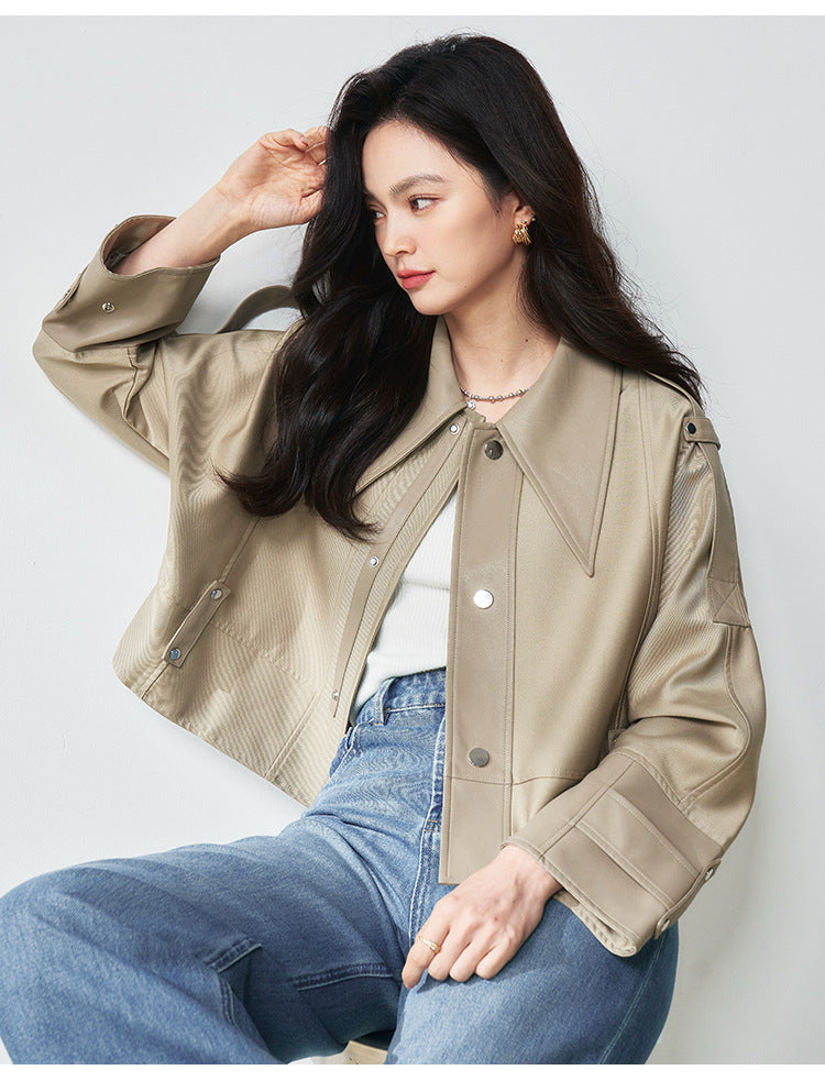 Western Style Oversized Cropped Faux Leather Jacket