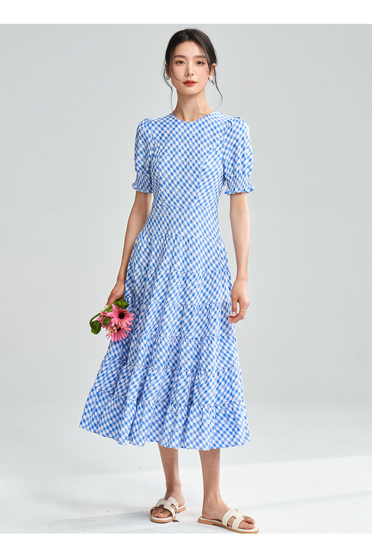 Blue-White Plaid Midi Dress