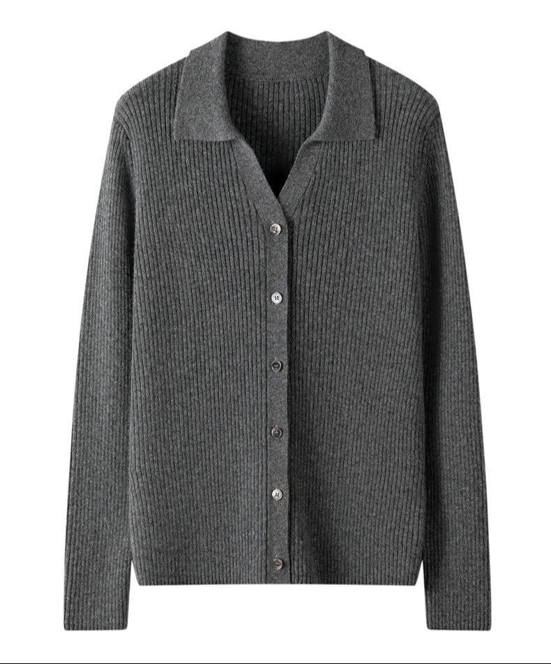 100% Pure Cashmere Polo Collar Cardigan – Long Sleeve, Classic Fit, Ultra-Soft