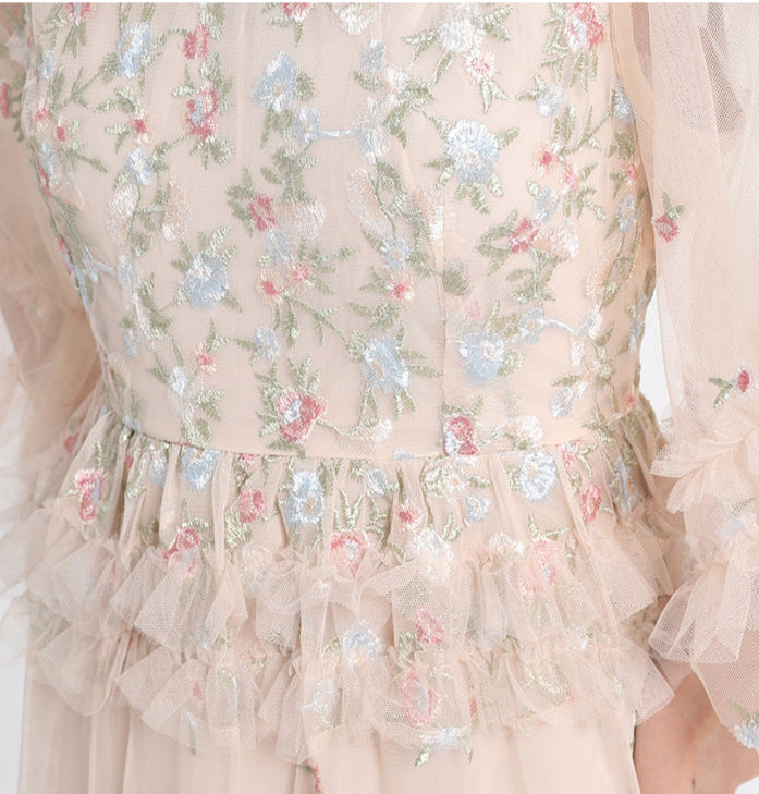 Ruffled Long Dress with Sheer Tulle Hem
