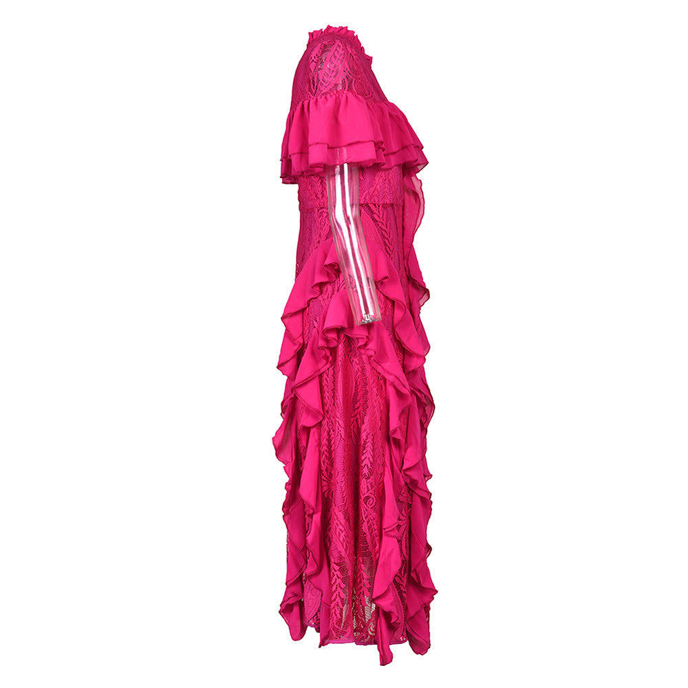 Frilled Short Sleeve Lace-Trim Lotus Dress