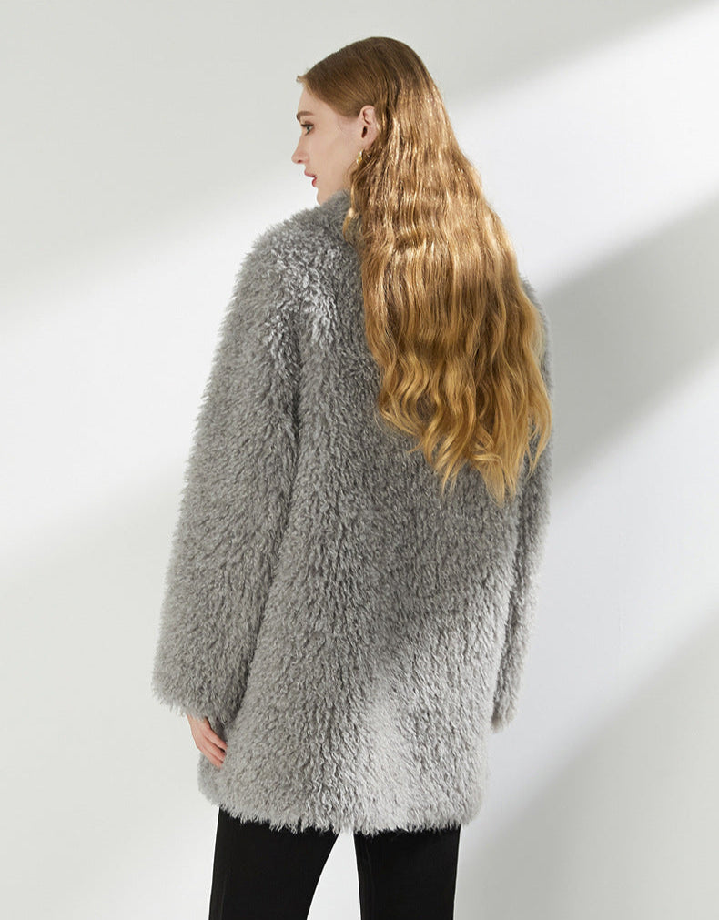 Large Collar Faux Fur Coat with Pockets