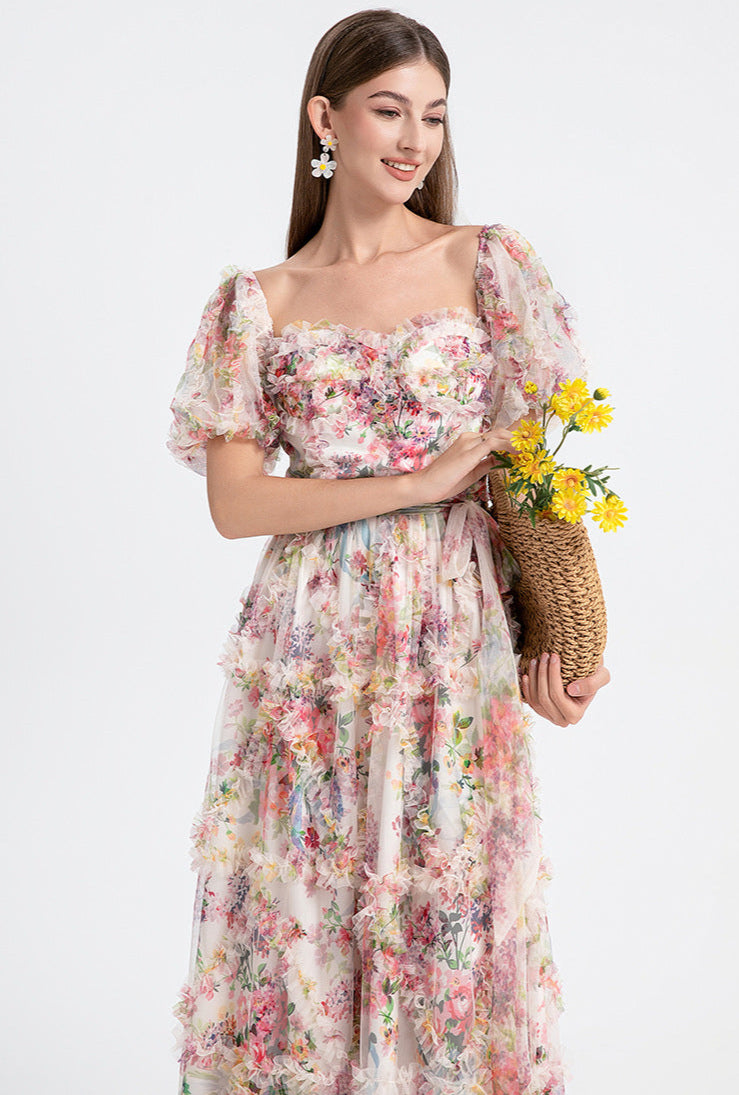 Square Neck Ruffle Sleeve Tulle Fairy Dress