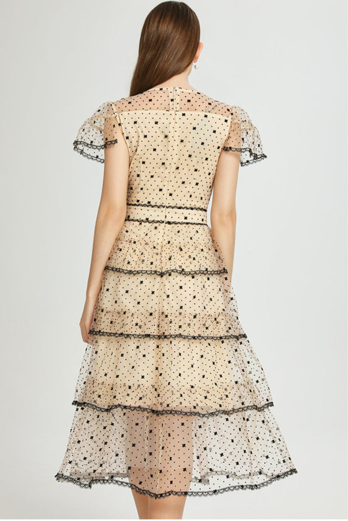 Retro Polka Dot Tiered Tulle Dress – Apricot Elegance